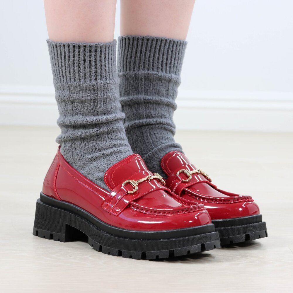 Red Patent Horsebit Loafers Chunky Platform Lug Sole Slip-Ons Grunge 90s Vibes - Picture 16 of 16